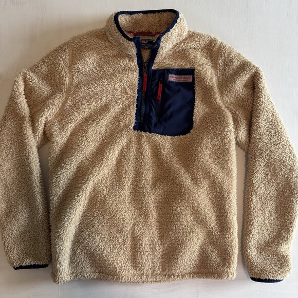 Vineyard Vines Boys Tan Sherpa Pullover Sweater Jacket Large 1/4 Zip Preppy - Picture 2 of 10